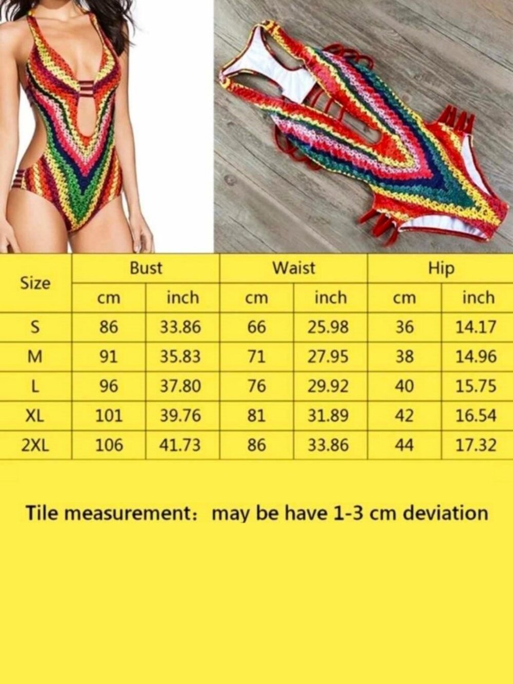 Crochet Look Rainbow Monokini One Piece Swimsuit Cutout Strappy Beachwear Size L - Picture 8 of 9